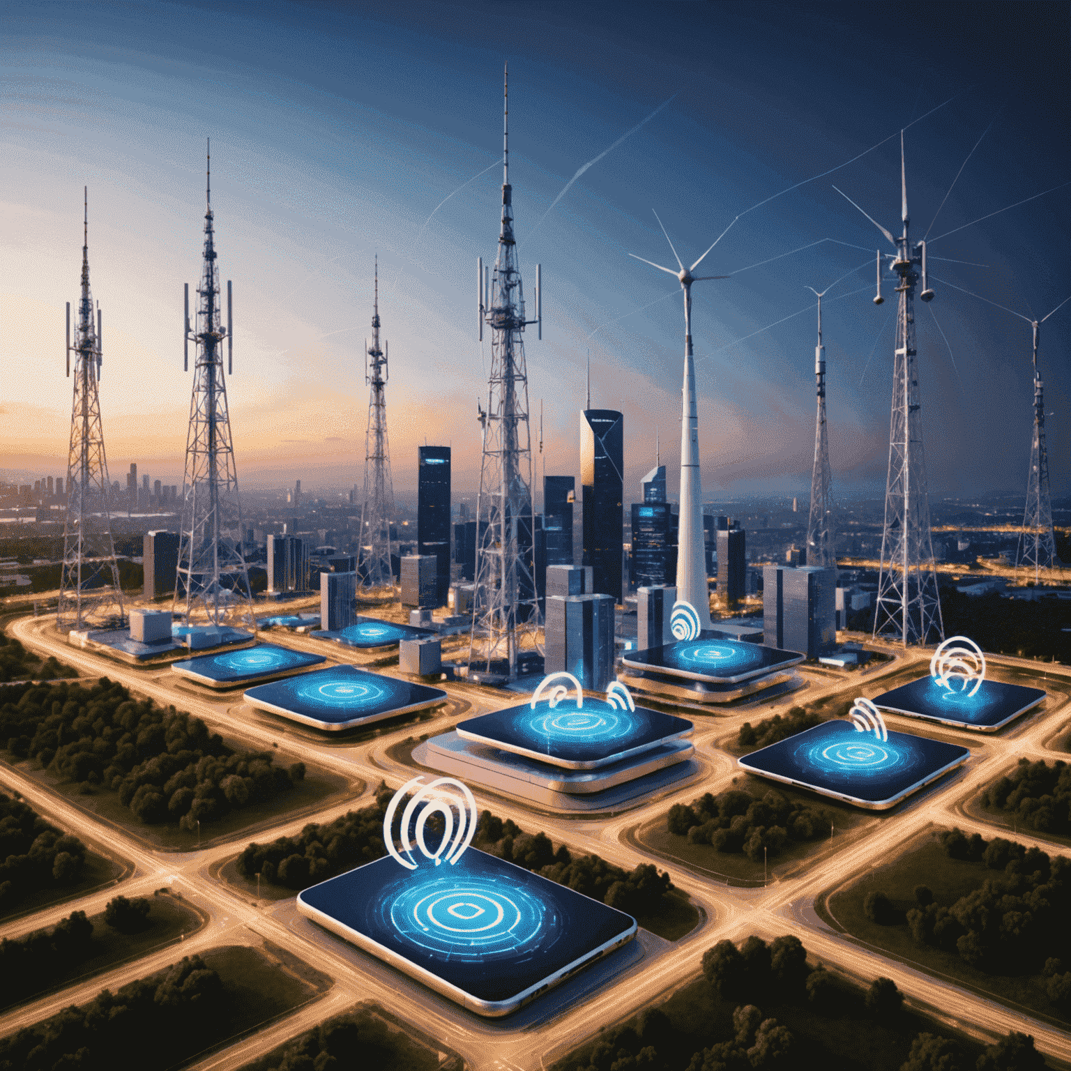 صورة توضيحية لتقنية الجيل الخامس 5G مع هوائيات وأجهزة محمولة متصلة بشبكة عالية السرعة