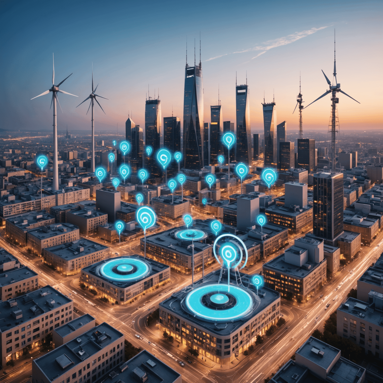 صورة توضيحية لشبكة الجيل الخامس 5G مع أبراج اتصالات وأجهزة ذكية متصلة في خلفية مدينة حديثة