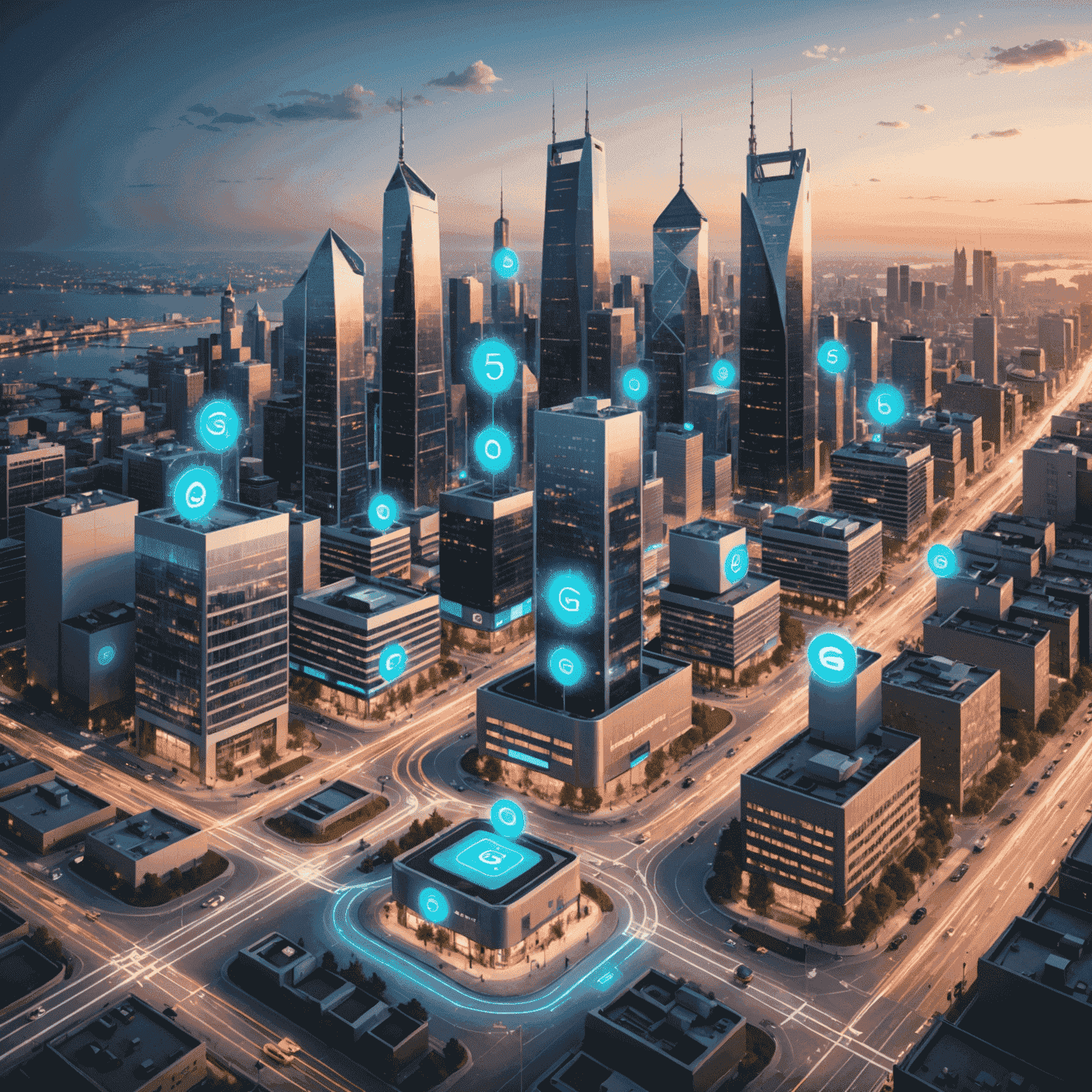 رسم توضيحي لمدينة ذكية مع أجهزة متصلة متعددة تعمل بتقنية الجيل الخامس 5G