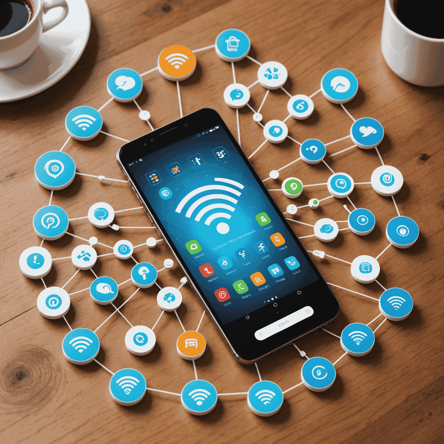 صورة توضيحية لخطط البيانات تظهر هاتفًا ذكيًا محاطًا برموز Wi-Fi وأيقونات تطبيقات مختلفة